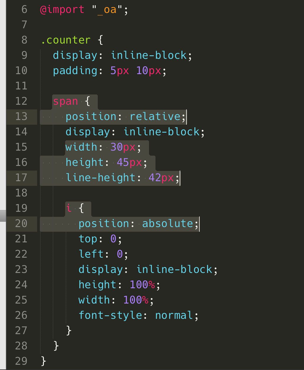 設定 scss(css)，將 span 給予 position: relative; 的屬性，然後針對子元素 i 設定 position: absolute