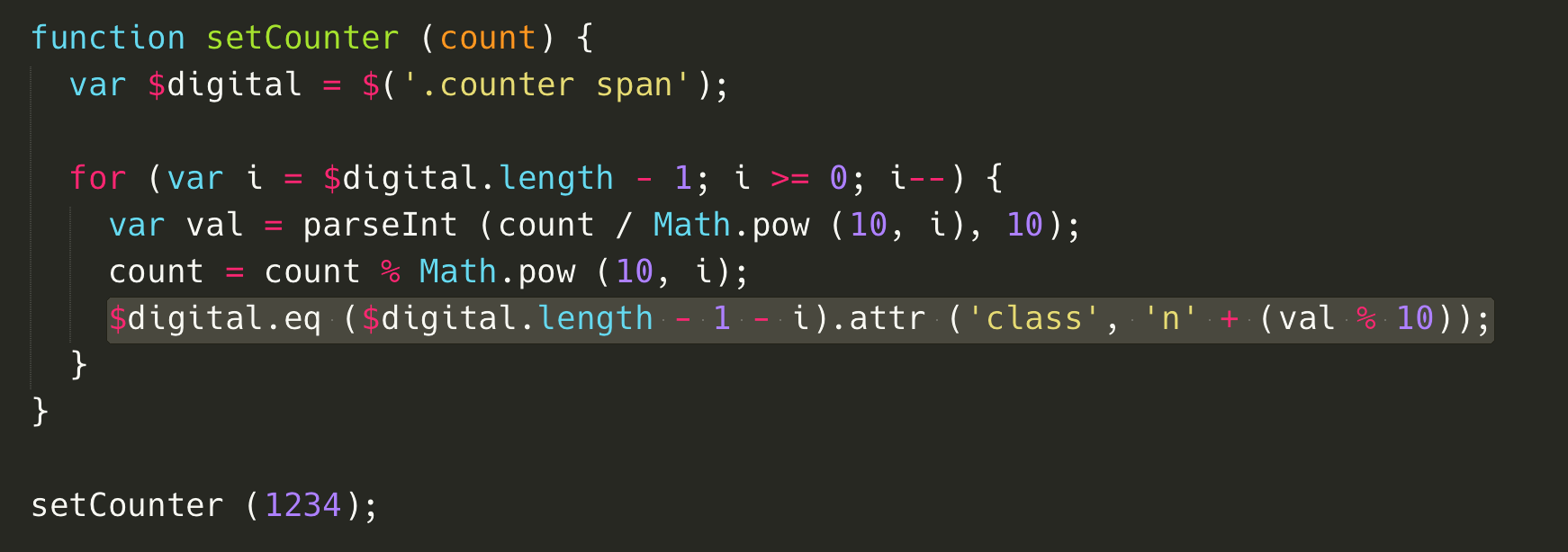 使用 JavaScript 輔助，使用簡單的數學運算(/、%、pow)，切割出各個位數，並且利用 jQuery 的 eq 來取得指定的 span